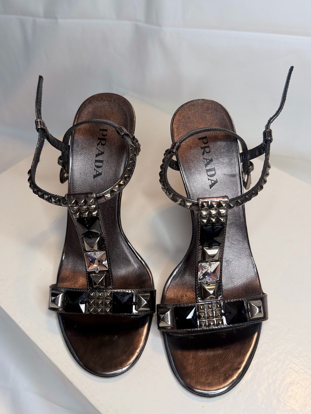 Prada Black Studded T-Strap Sandals